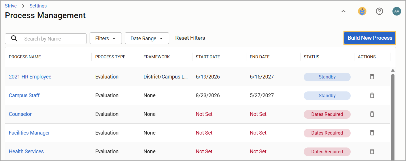 Process management table displaying process details, their statuses, and the ability to build a new process.